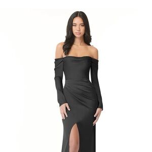 AZAZIE NWWT Hallie Stretch Satin Dress, Black Bridesmaid Dress